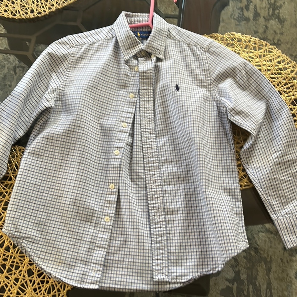Polo button down; medium 10-12, blue/ white